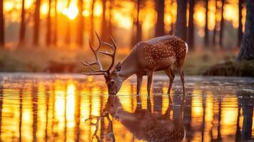Majestic Axis Deer Drinking at Sunset Golden Hour Wildlife Photography photo