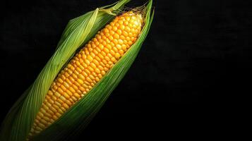 Fresh Sweetcorn Cob in Husk on Black Background Close up Studio Shot of Yellow Maize photo