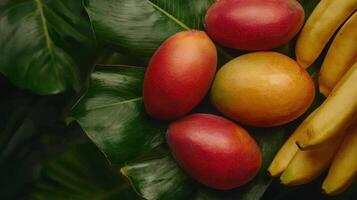 Ripe Mangoes and Bananas on Lush Green Tropical Leaves Vibrant Fruit Still Life photo