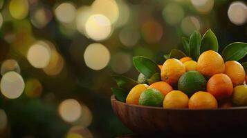 Fresh Citrus Fruits in Wooden Bowl Vibrant Oranges and Limes Bokeh Background photo