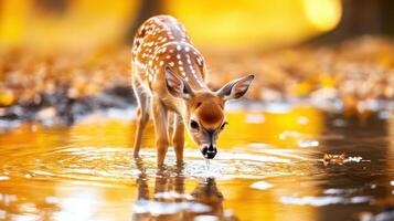 Adorable White tailed Fawn Drinking Water in Autumn Golden Forest Reflections photo