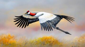 Majestic White Naped Crane in Flight over Golden Grassland at Dawn photo