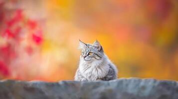 Adorable Grey Longhair Cat Outdoors in Autumnal Setting Beautiful Fall Foliage Background photo