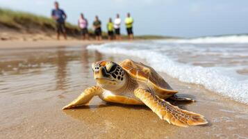 Young Sea Turtle Crawling on Sandy Beach Near Ocean Wave with Blurred People Background photo