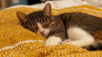 Adorable Tabby Cat Sleeping Peacefully on a Yellow Knit Blanket photo