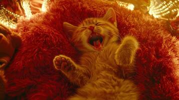 Adorable Ginger Kitten Yawning on Red Fuzzy Blanket with Festive Lights photo
