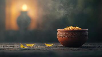 Steaming Chickpeas in Rustic Clay Bowl Warm Evening Ambiance Food Photography photo