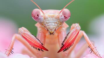Close up Portrait of a Pink Orchid Mantis Striking Insect Detailed Macro Photography photo