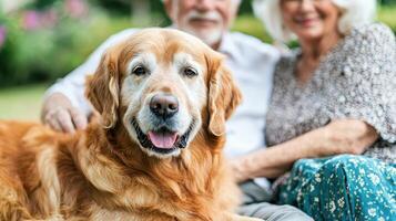 Senior Couple Relaxing with Golden Retriever Dog in Garden Showing Affection and Companionship photo