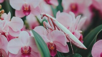 Elegant Pale Praying Mantis on Delicate Pink Orchid Flowers in Bloom photo