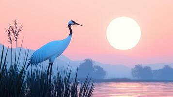 Serene Sunset Landscape Elegant Crane Bird in Peaceful Waterside Grassland photo