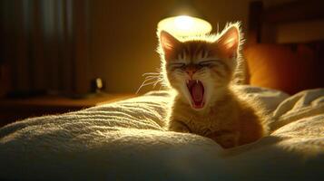 Adorable Ginger Kitten Yawning on Soft Bed at Night Warm Light photo