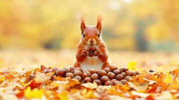 Adorable Red Squirrel Amidst Autumn Leaves Holding Acorns in Fall Park photo