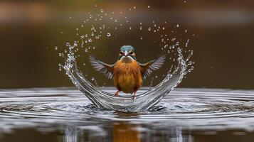 Vibrant Kingfisher Bird Emerging from Water Splash Wildlife Photography photo