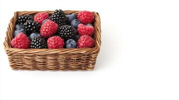 Fresh Raspberries Blackberries and Blueberries in a Wicker Basket photo
