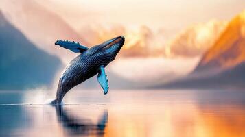 Majestic Humpback Whale Breaching at Sunrise in Calm Ocean Waters photo