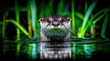 Adorable Otter in Lush Green Water Close Up Wildlife Portrait Nature Photography photo