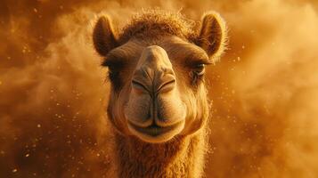 Majestic Camel Portrait in Desert Dust Storm Close Up Animal Photography photo