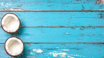 Two Halved Coconuts on Rustic Light Blue Weathered Wooden Background photo