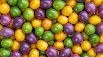 Vibrant Collection of Colorful Kumquats Plums and Green Fruits Fresh Produce Background photo