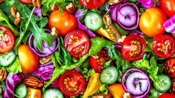 Vibrant Fresh Salad with Tomatoes Cucumbers Red Onion Pecans Lettuce photo