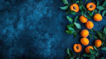 Fresh Apricots on Dark Blue Background with Green Leaves Summer Fruit Food Photography photo