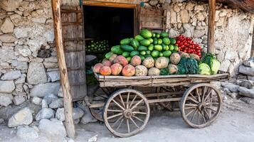 Rustic Wooden Cart Overflowing with Fresh Farm Vegetables and Cucumbers near Stone Wall photo