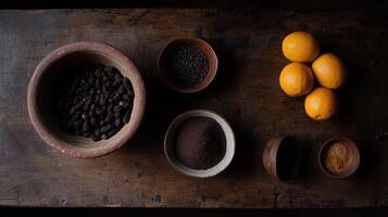 Aromatic Spices Dried Mulberries and Oranges on Rustic Wooden Table photo