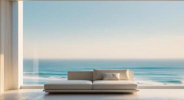 A white couch in front of a large window overlooking the ocean photo