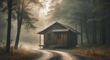 A small cabin is on a dirt road in the woods photo