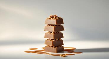 A Stack of Fudge Squares with Nuts and Caramel. photo