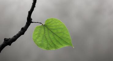 A close up of a green leaf on a tree branch. photo