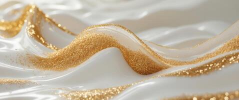 Abstract Swirling Gold Glitter and White Liquid Texture Background. photo