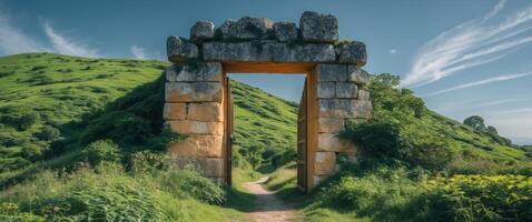Ancient Stone Gate Leads Through Verdant Hills. photo