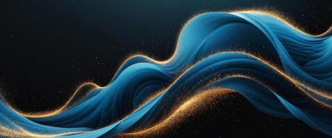 azul y oro resumen olas en negro antecedentes con partículas para digital Arte foto