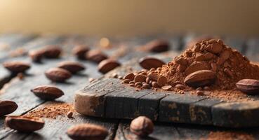 Cocoa beans and powdered chocolate displayed on a rustic wooden board in a warm setting photo