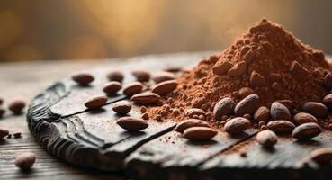 Cocoa beans and powdered chocolate displayed on a rustic wooden board in a warm setting. photo
