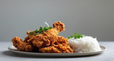 Crispy Fried Chicken with Greens and Rice photo