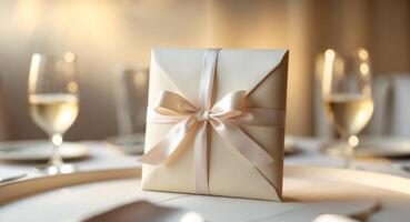 Elegant Gift Envelope with Ribbon Bow on Table at Wedding Reception photo