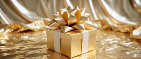 Elegant golden gift box with a luxurious bow atop a sparkling gold background ideal for festive celebrations and special occasions photo
