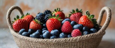 Fresh and Vibrant Assorted Berries in a Rustic Woven Basket with Textured Background Ideal for Healthy Eating and Culinary Themes. photo
