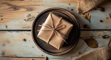 Gift box wrapped in brown paper with twine placed on rustic wooden surface top view with warm tones and natural textures surrounding it. photo