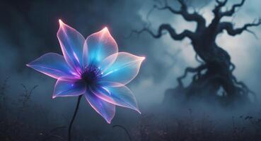 Glowing Abstract Flower in Dark Fantasy Setting. photo