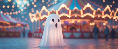 Glowing ghost figure at a carnival scene with string lights and colorful circus tent background. photo
