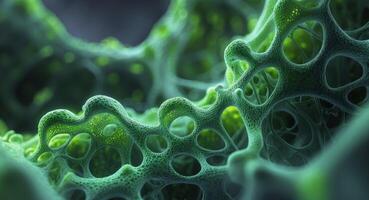 Intricate green network of cells under microscope. photo