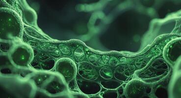 Intricate green network of cells under microscope photo
