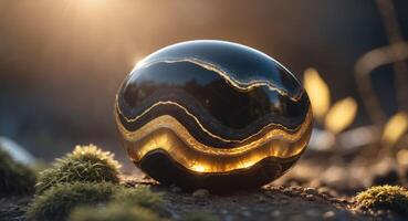 Onyx With Radiant Gold Layers Illuminated by Sunlight in a Natural Setting. photo