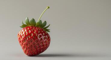 Ripe red strawberry sitting on a soft gray background with ample negative space for text or design highlighting its vibrant texture and shape photo