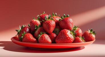 Ripe strawberries clustered on a vibrant red plate with soft shadows casting on a matching backdrop highlighting their freshness and texture. photo
