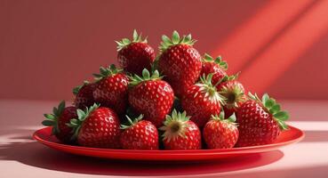 Ripe strawberries clustered on a vibrant red plate with soft shadows casting on a matching backdrop highlighting their freshness and texture photo